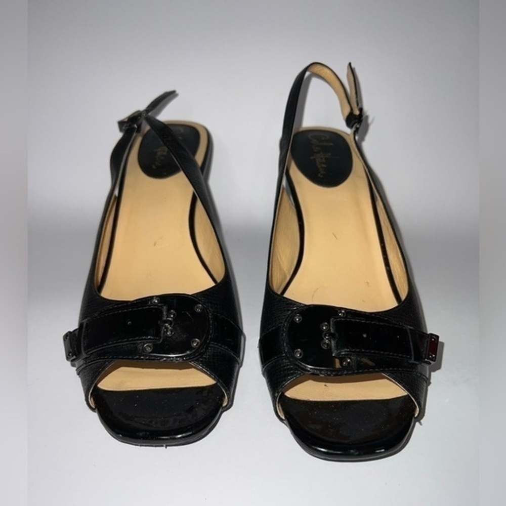 Cole Haan Womens 9 1/2 Black Leather Peep Toe Nike Air Heels Pumps 9.5 Buckle - Picture 3 of 15